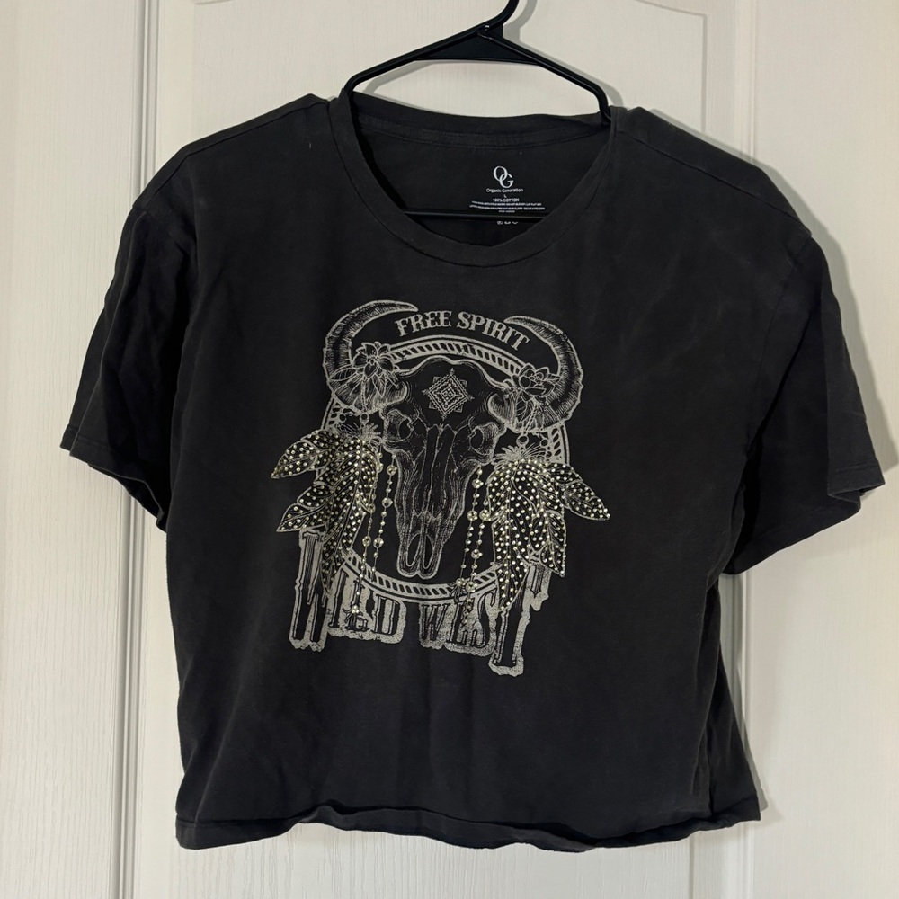 OG Organic Generation Free Spirit Wild West Graphic Crop Tee Washed Black Size L